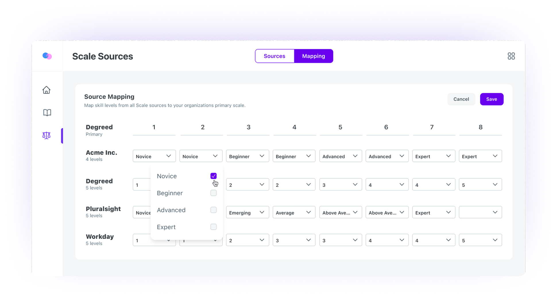 Interface for mapping levels between skill sources